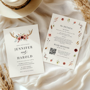 Rustic Boho Deer Antlers Wedding Invitation