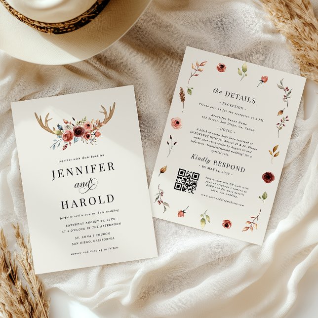 Rustic Boho Deer Antlers Wedding Invitation (Creator Uploaded)