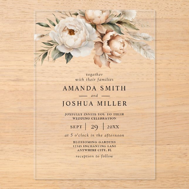 Rustic Boho Dried Florals & Pampas Grass Wedding Acrylic Invitations (Front)