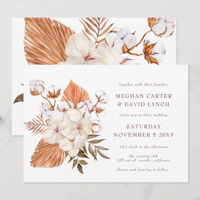 Rustic Boho  Dried Palm Cotton Tropical Wedding Invitation (Front/Back)