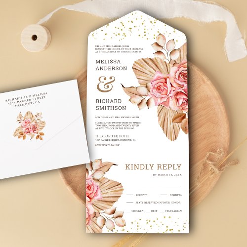 Rustic Boho Dried Palm Earthy Peach Rose Wedding All In One Invitation