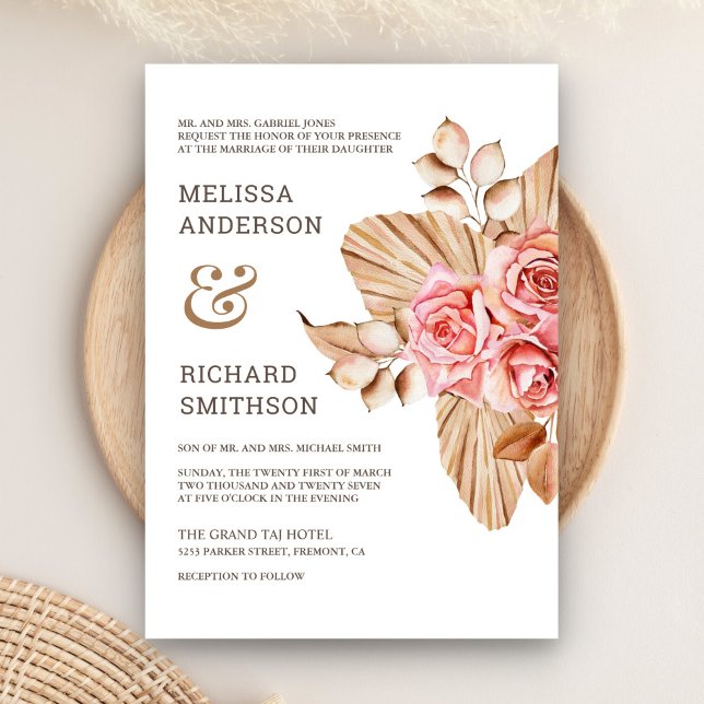 Rustic Boho Dried Palm Earthy Peach Rose Wedding Invitation (Creator Uploaded)