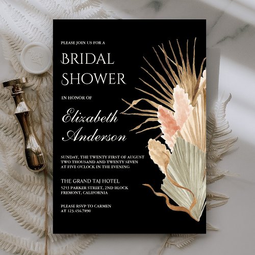 Rustic Boho Dried Palm Pampas Black Bridal Shower Invitation