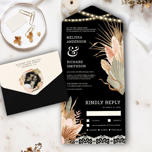 Rustic Boho Dried Palm Pampas Black Wedding All In One Invitation