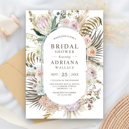 Rustic Boho Dried Palm Pampas Floral Bridal Shower Invitation