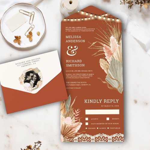 Rustic Boho Dried Palm Pampas Terracotta Wedding All In One Invitation