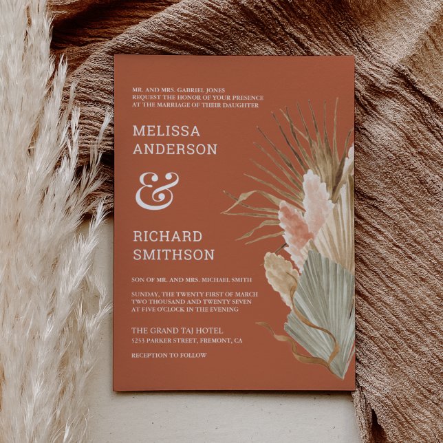 Rustic Boho Dried Palm Pampas Terracotta Wedding Invitation (Creator Uploaded)