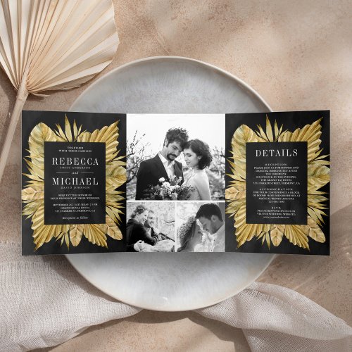 Rustic Boho Dried Palm Photo Collage Black Wedding Tri_Fold Invitation