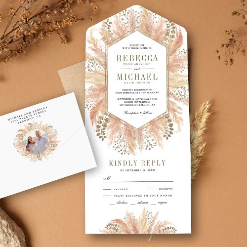 Rustic Boho Dried Pampas Grass Hex Frame Wedding All In One Invitation