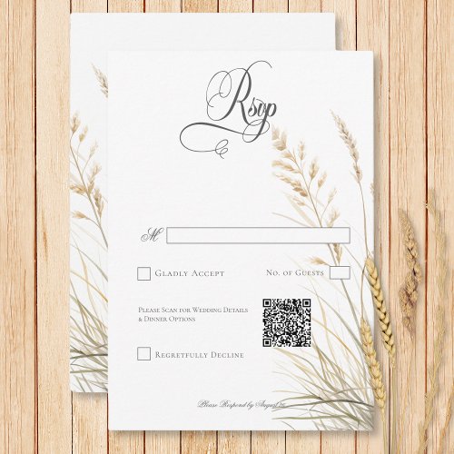 Rustic Boho Dried Tan Grass Wedding QR Code RSVP Card