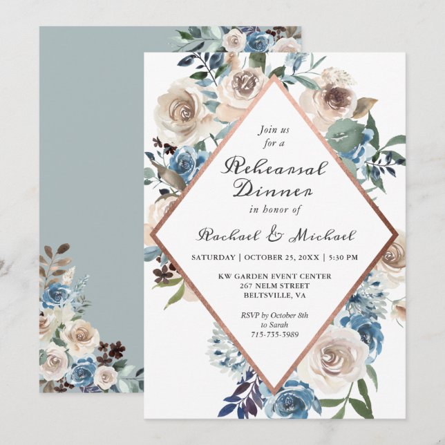 Rustic Boho Dusty Blue Floral Rehearsal Dinner Invitation (Front/Back)
