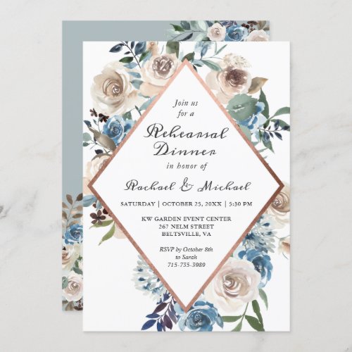 Rustic Boho Dusty Blue Floral Rehearsal Dinner Invitation