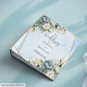Rustic Boho Dusty Blue Flowers Gold Frame Wedding 3 Ring Binder