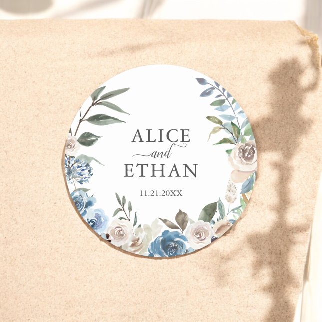 Rustic Boho Dusty Blue Flowers Wedding Classic Round Sticker (Creator Uploaded)