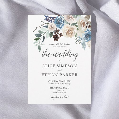 Rustic Boho Dusty Blue Flowers Winter Wedding Invitation