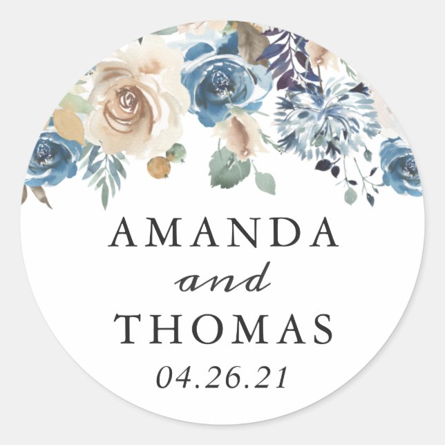 Rustic Boho Dusty Blue Green Floral Wedding Classic Round Sticker (Front)