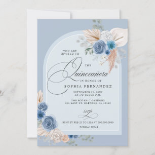 Rustic Boho Dusty Blue Pampas Quinceanera Invitation
