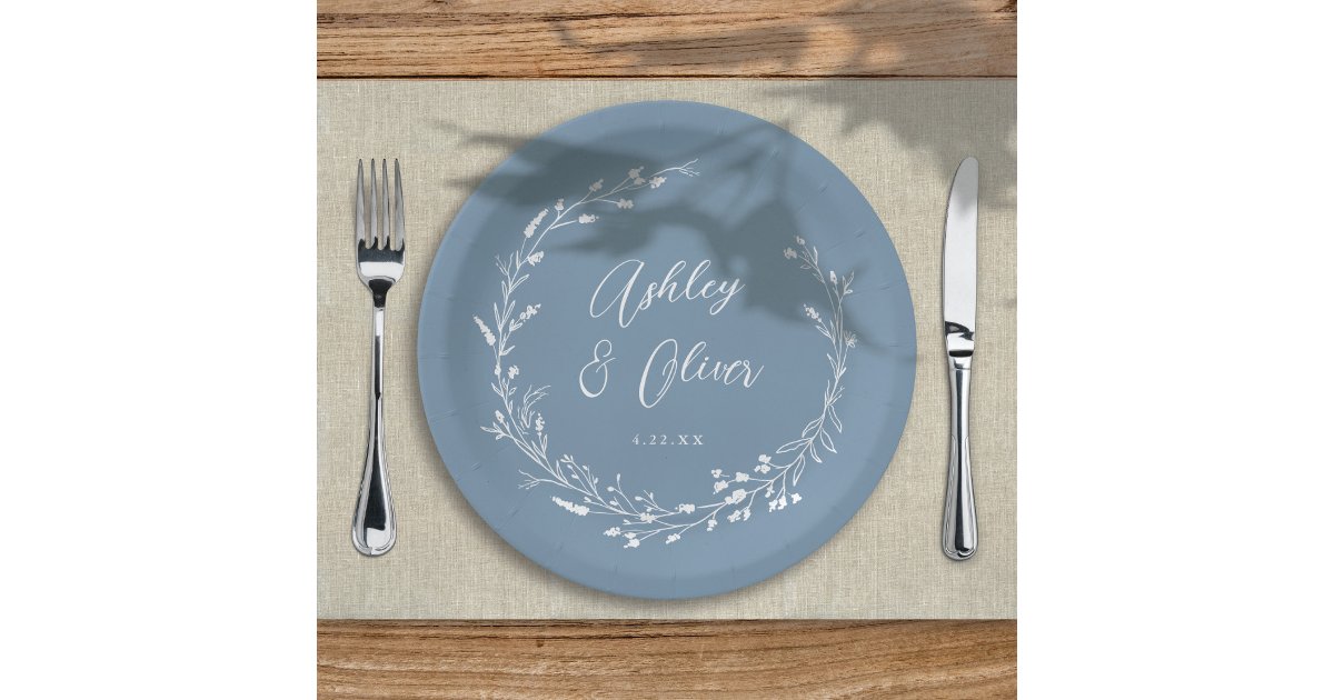 Rustic Boho Dusty Blue Wildflower Floral Wedding Paper Plates | Zazzle