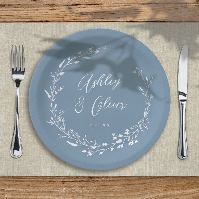 Rustic Boho Dusty Blue Wildflower Floral Wedding Paper Plates (Creator Uploaded)