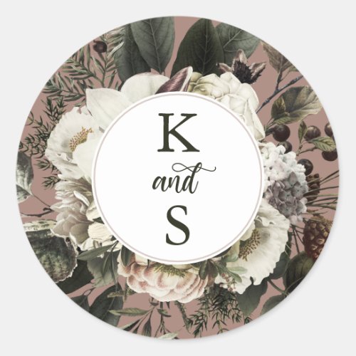 Rustic Boho Dusty Pink Floral Wedding Monogram Cla Classic Round Sticker