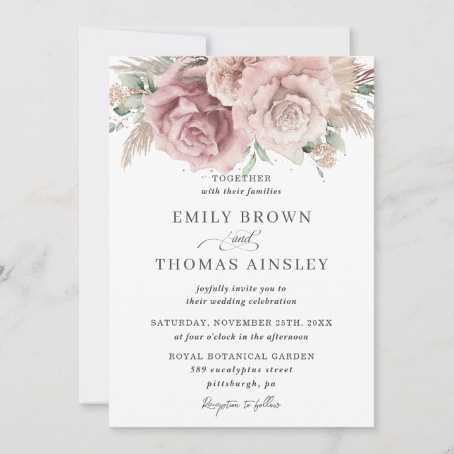 Rustic Boho Dusty Rose Blush Floral Pampas Wedding Invitation (Front)