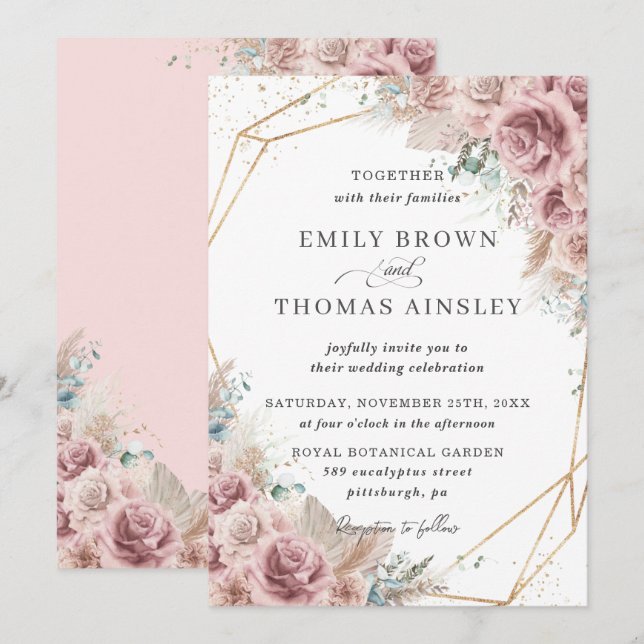 Rustic Boho Dusty Rose Blush Floral Pampas Wedding Invitation (Front/Back)