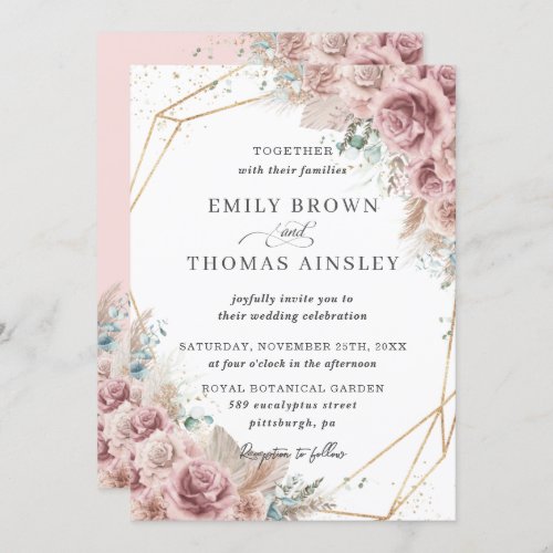 Rustic Boho Dusty Rose Blush Floral Pampas Wedding Invitation