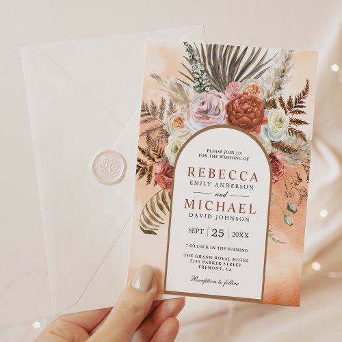 Rustic Boho Earthy Floral Arch Terracotta Wedding  Invitation