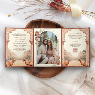 Rustic Boho Earthy Floral Indian Camel Wedding Tri-Fold Invitation