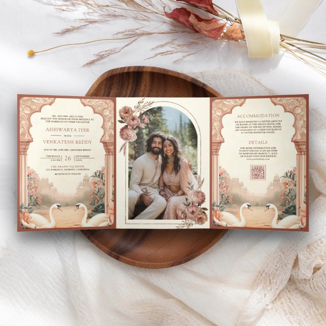 Rustic Boho Earthy Floral Indian Swan Wedding Tri-Fold Invitation (Creator Uploaded)