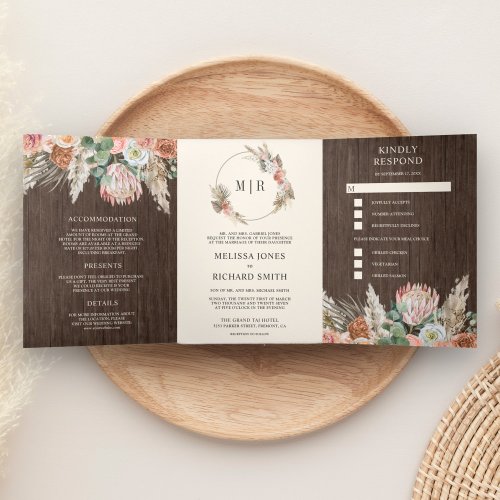 Rustic Boho Earthy Floral Pampas Barn Wood Wedding Tri_Fold Invitation