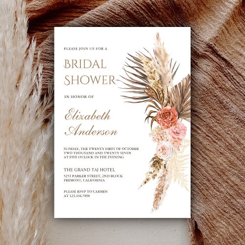 Rustic Boho Earthy Floral Pampas Bridal Shower Invitation