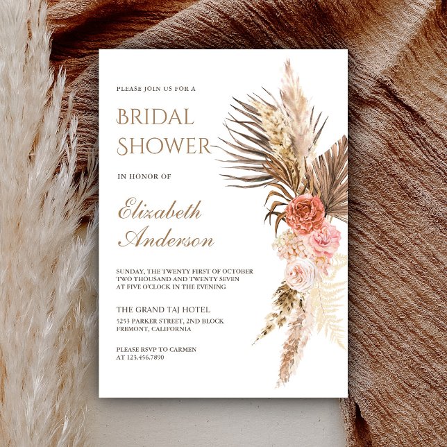 Rustic Boho Earthy Floral Pampas Bridal Shower Invitation (Creator Uploaded)