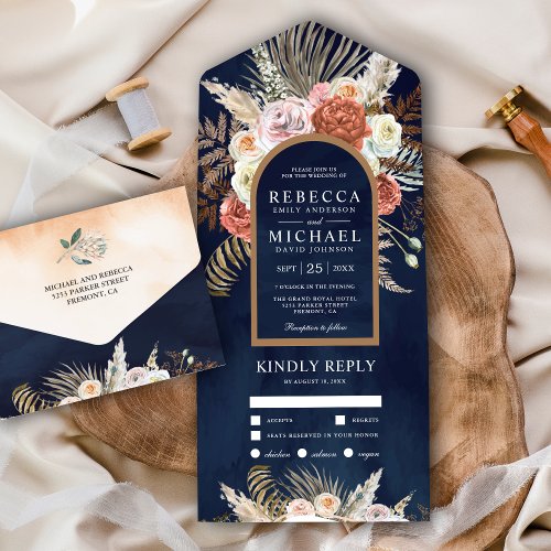 Rustic Boho Earthy Floral Terracotta Navy Wedding All In One Invitation