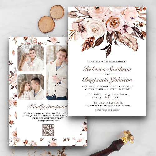 Rustic Boho Earthy Ivory Floral QR Code Wedding Invitation