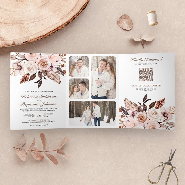 Rustic Boho Earthy Ivory Floral QR Code Wedding Tri-Fold Invitation (Creator Uploaded)