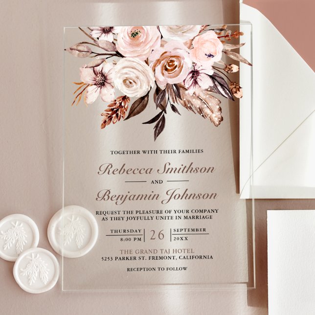 Rustic Boho Earthy Ivory Floral Wedding Acrylic Invitations (Creator Uploaded)