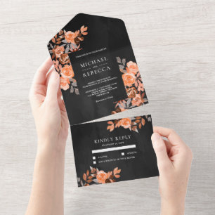 Rustic Boho Earthy Terracotta Floral Black Wedding All In One Invitation