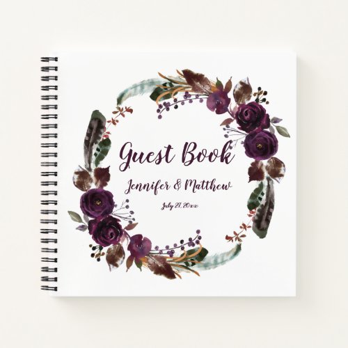 Rustic Boho Eggplant Purple Rose Wreath Guest Book