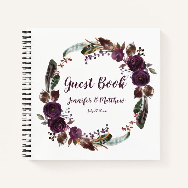 Rustic Boho Eggplant Purple Rose Wreath Guest Book (Front)