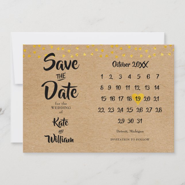 Rustic Boho Elegant Gold Heart Calendar Save The Date (Front)