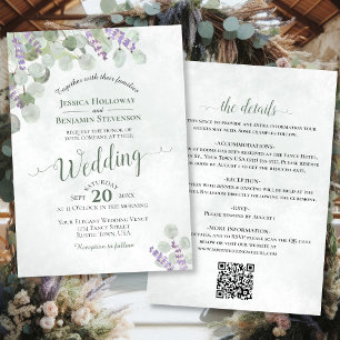 Rustic Boho Eucalyptus & Lavender QR Code Wedding Invitation