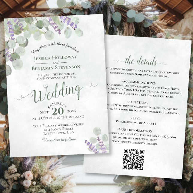 Rustic Boho Eucalyptus & Lavender QR Code Wedding Invitation (Front/Back)