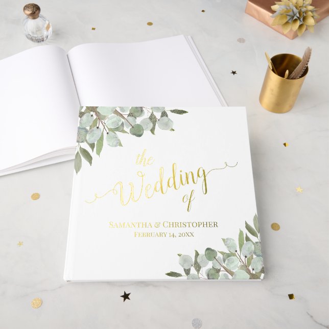 Rustic Boho Eucalyptus Leaves Elegant Foil Wedding Foil Guest Book (Front Open)