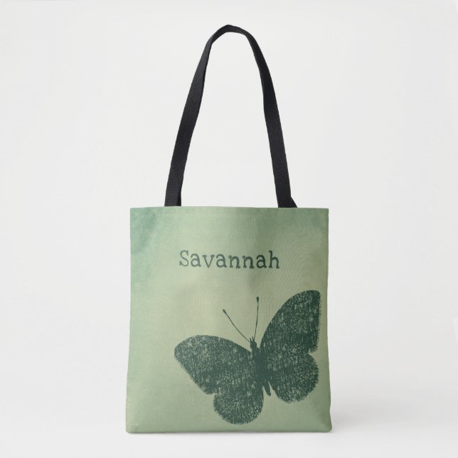 Rustic Boho Faded Green Butterfly Tote Bag (Front)