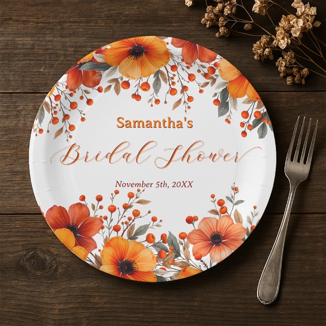 Rustic Boho Fall Orange Floral Berry Bridal Shower Paper Plates (Creator Uploaded)