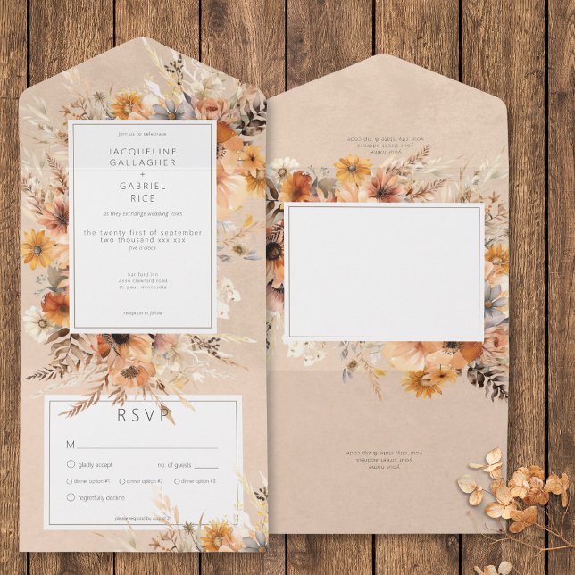 Rustic Boho Fall Peach & Rust Floral Dinner All In One Invitation (Rustic Boho Fall Peach & Rust Floral Dinner All In One Invitation)