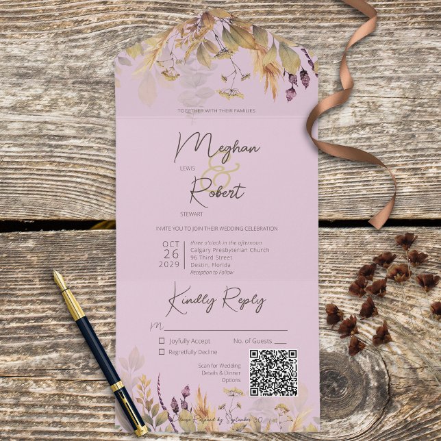 Rustic Boho Fall Wildflowers Purple QR Code All In One Invitation (Creator Uploaded)