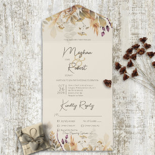 Rustic Boho Fall Wildflowers Tan Dinner All In One Invitation