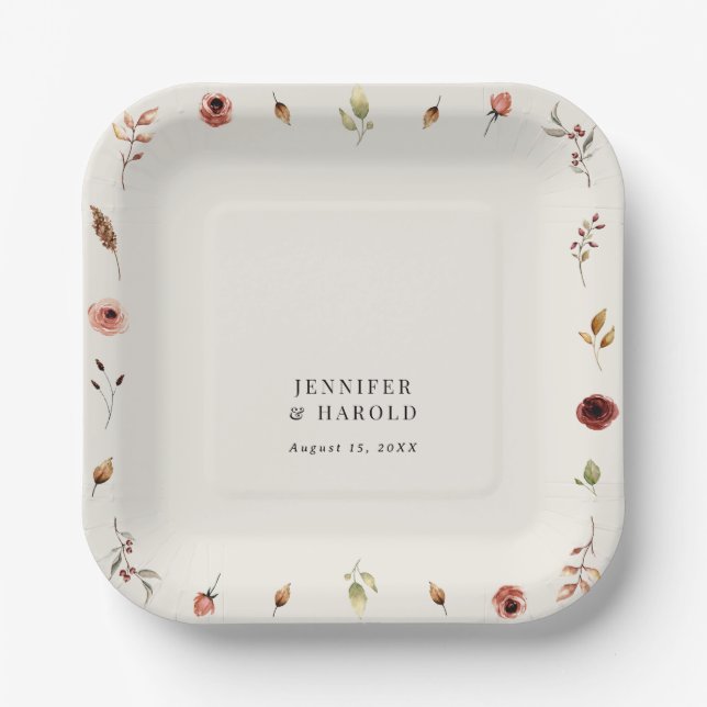 Rustic Boho Fall Wildflowers Wedding or Engagement Paper Plates (Front)